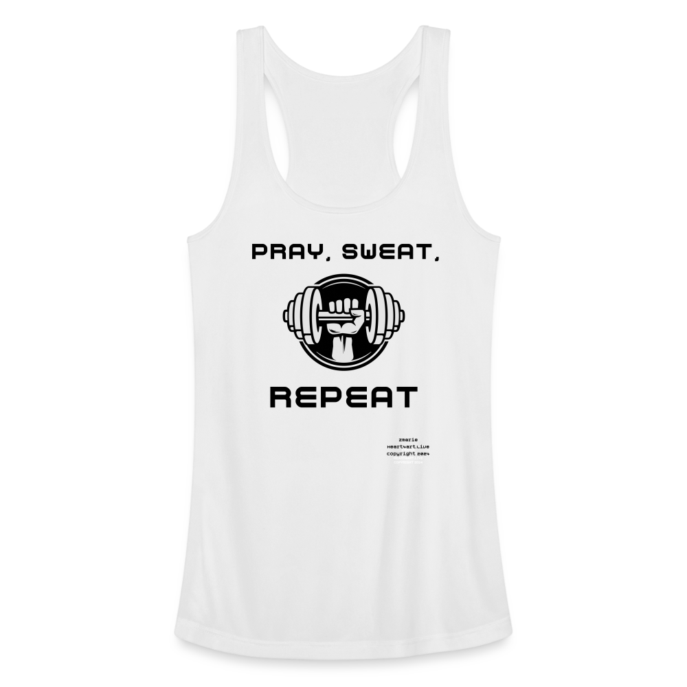 PRAY, SWEAT, REPEAT Women’s Performance Racerback Tank Top - white