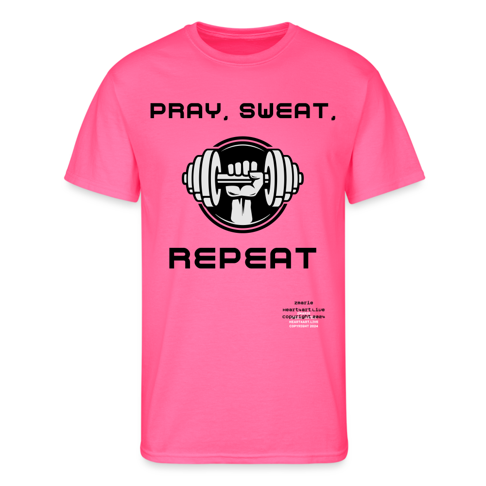 PRAY, SWEAT, REPEAT Men’s Jerzees T-shirt - neon pink