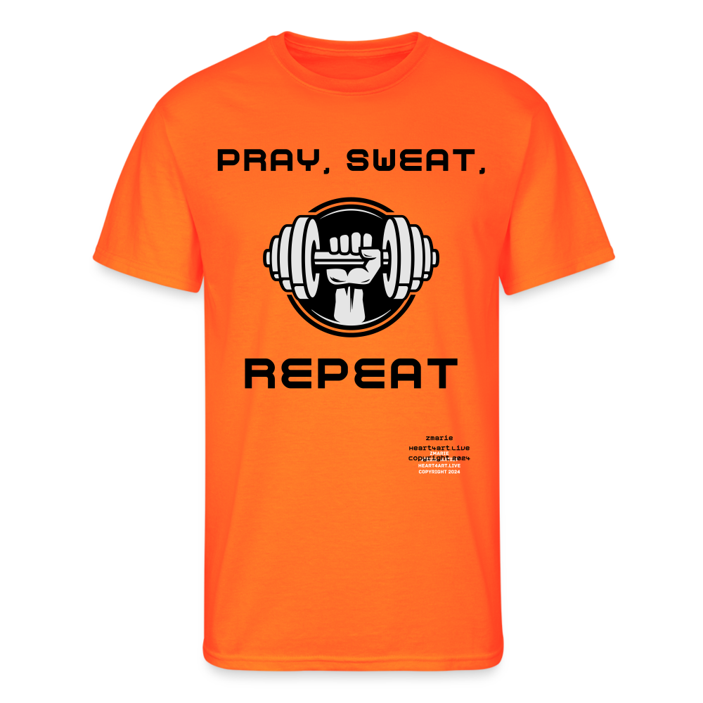 PRAY, SWEAT, REPEAT Men’s Jerzees T-shirt - neon orange