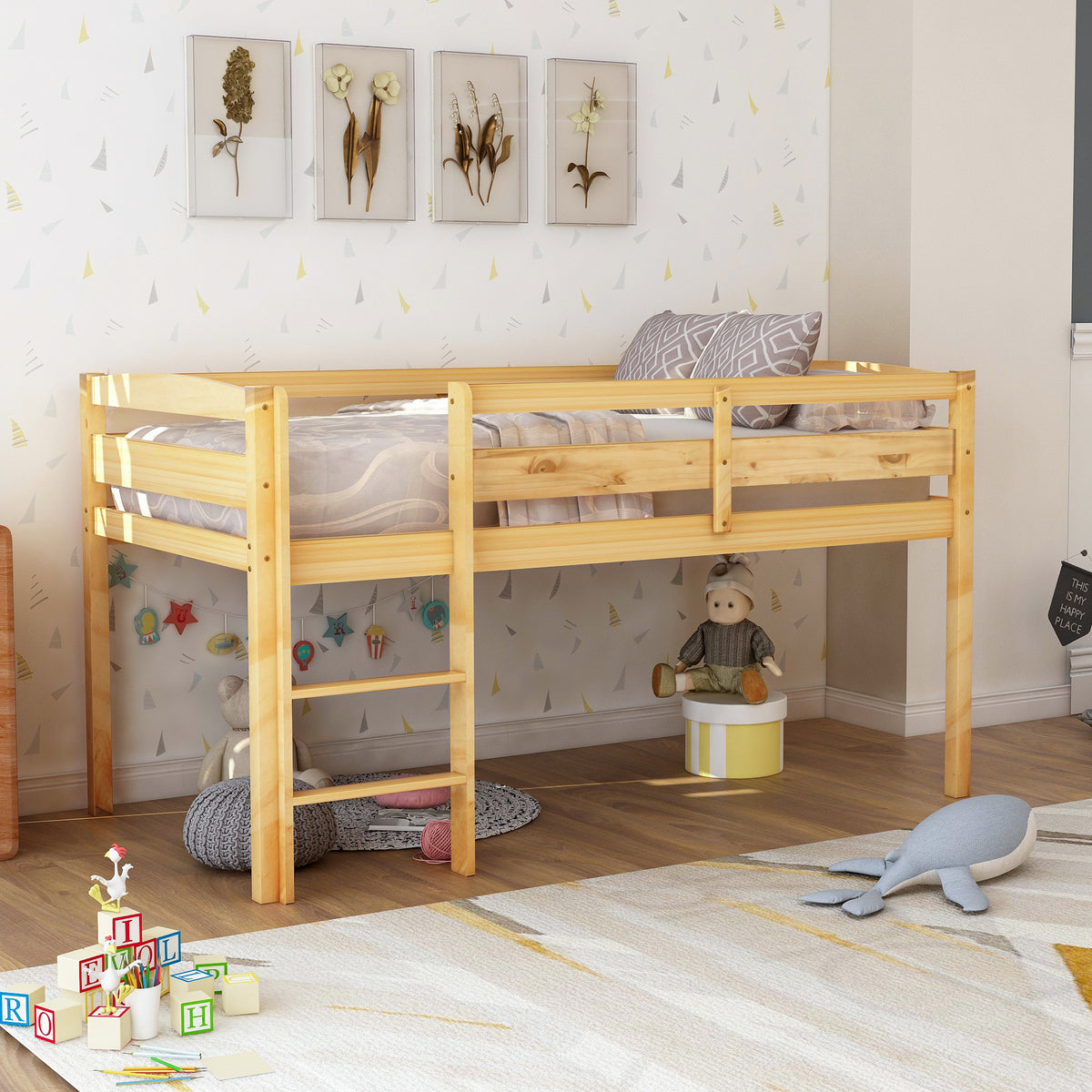 Twin Wood Loft Bed Low Loft Beds for Kids with Ladder,Twin,Natural