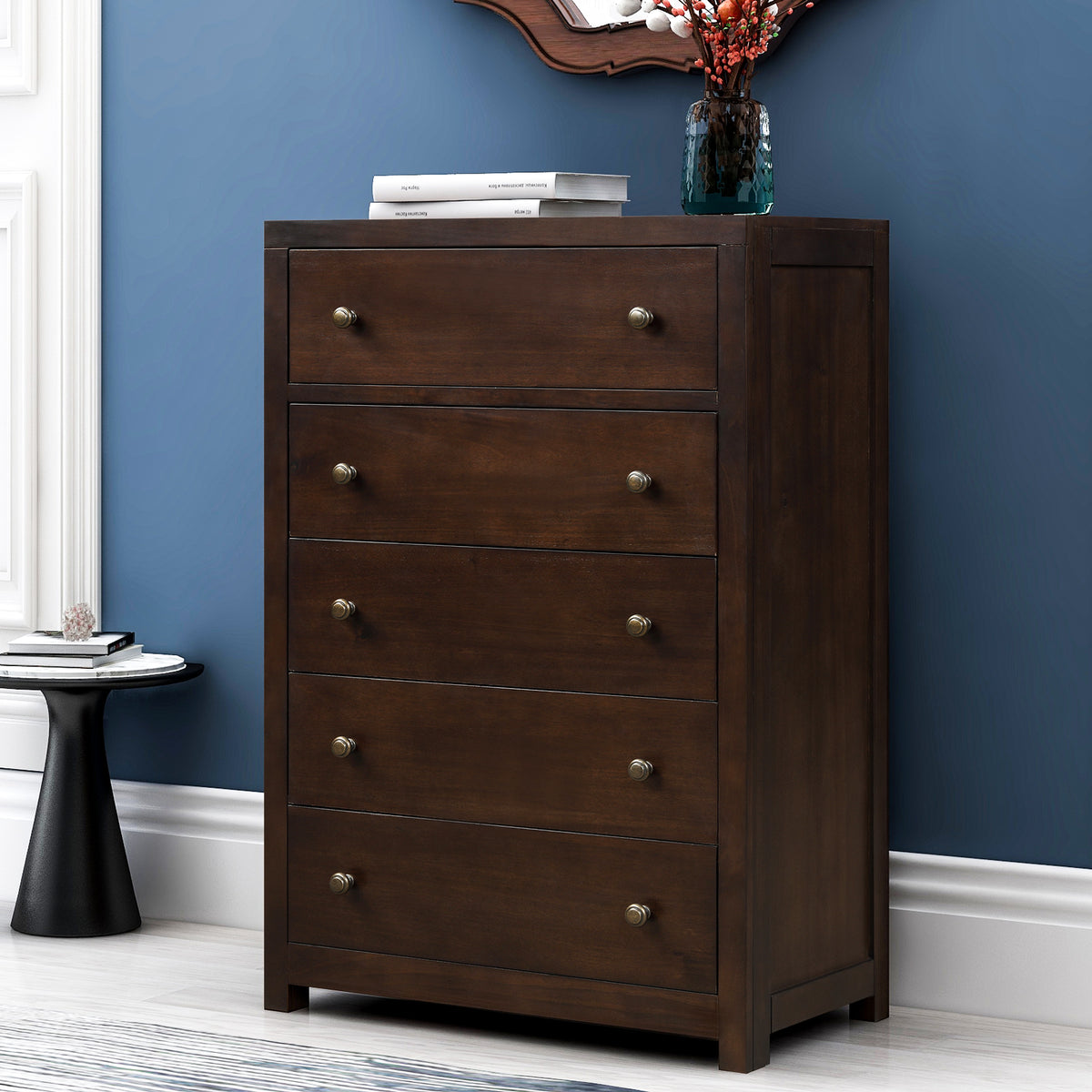 Vintage Aesthetic 5 Drawers Solid Wood Chest in Rich Brown (Chest of Freely Configurable Bedroom Sets)