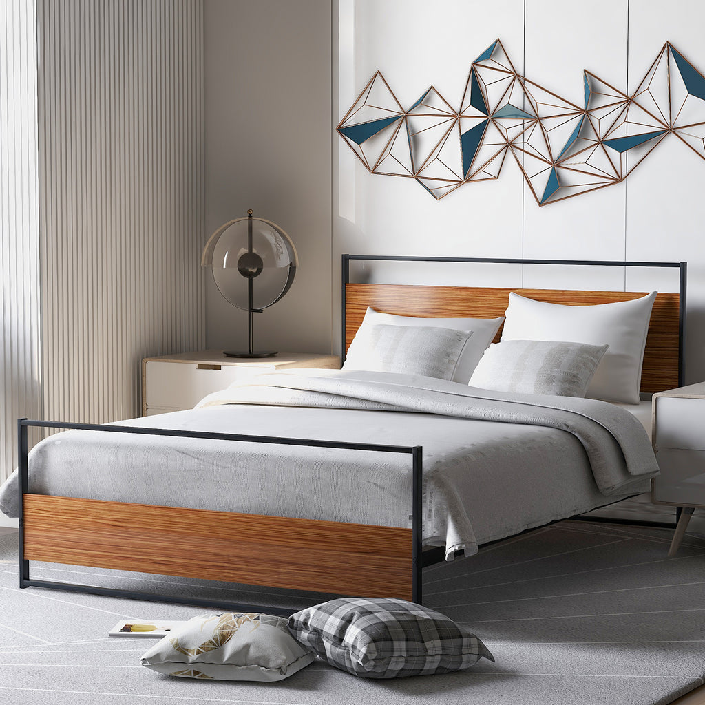 Full Size Metal and Wood Platform Bed with Headboard and Footboard ,No  Box Spring needed , Wood Slat Support
