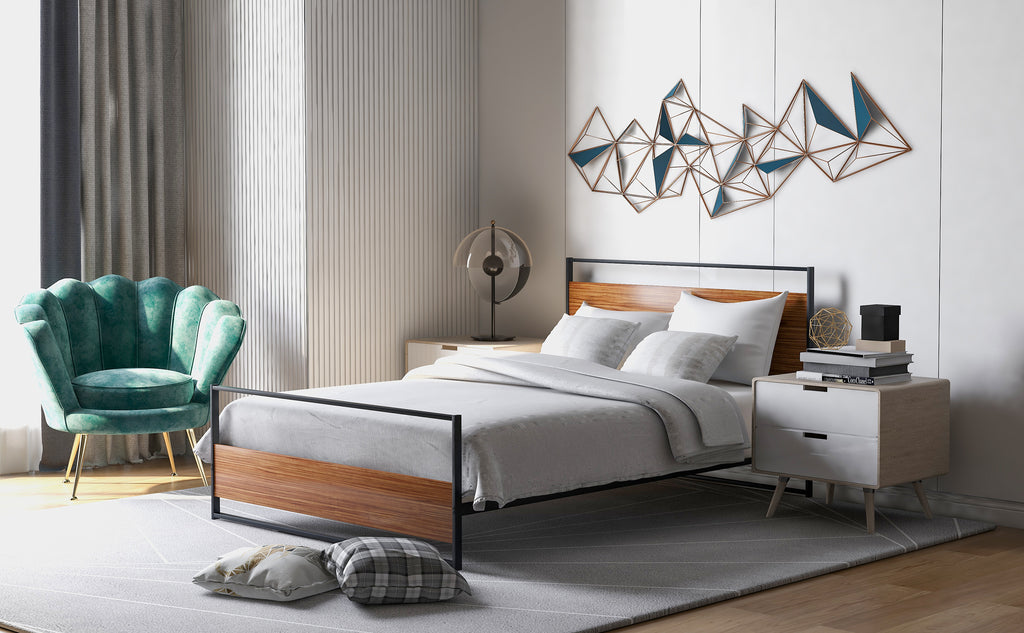 Full Size Metal and Wood Platform Bed with Headboard and Footboard ,No  Box Spring needed , Wood Slat Support