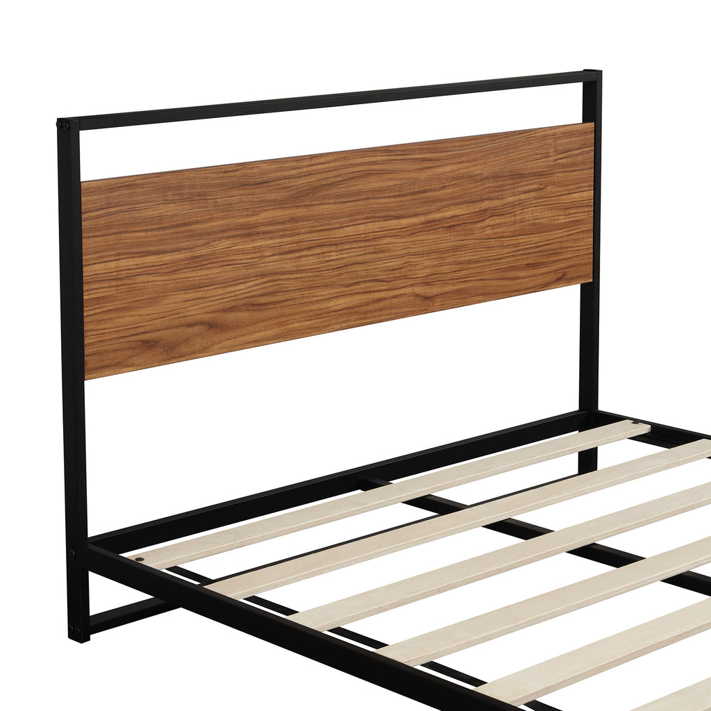 Full Size Metal and Wood Platform Bed with Headboard and Footboard ,No  Box Spring needed , Wood Slat Support