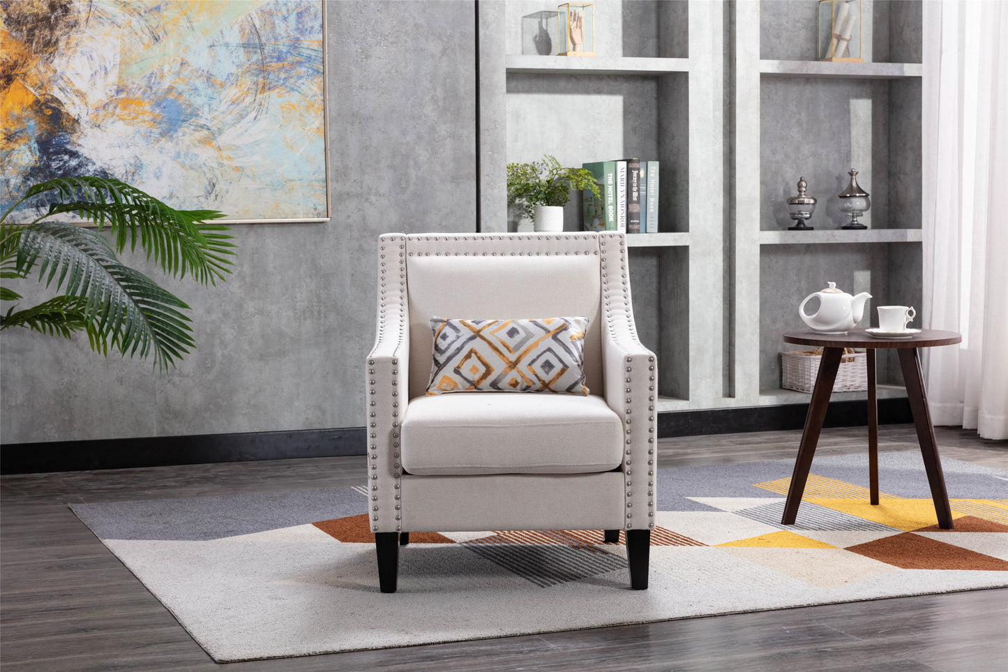 accent armchair living room chair  with nailheads and solid wood legs Beige  Linen