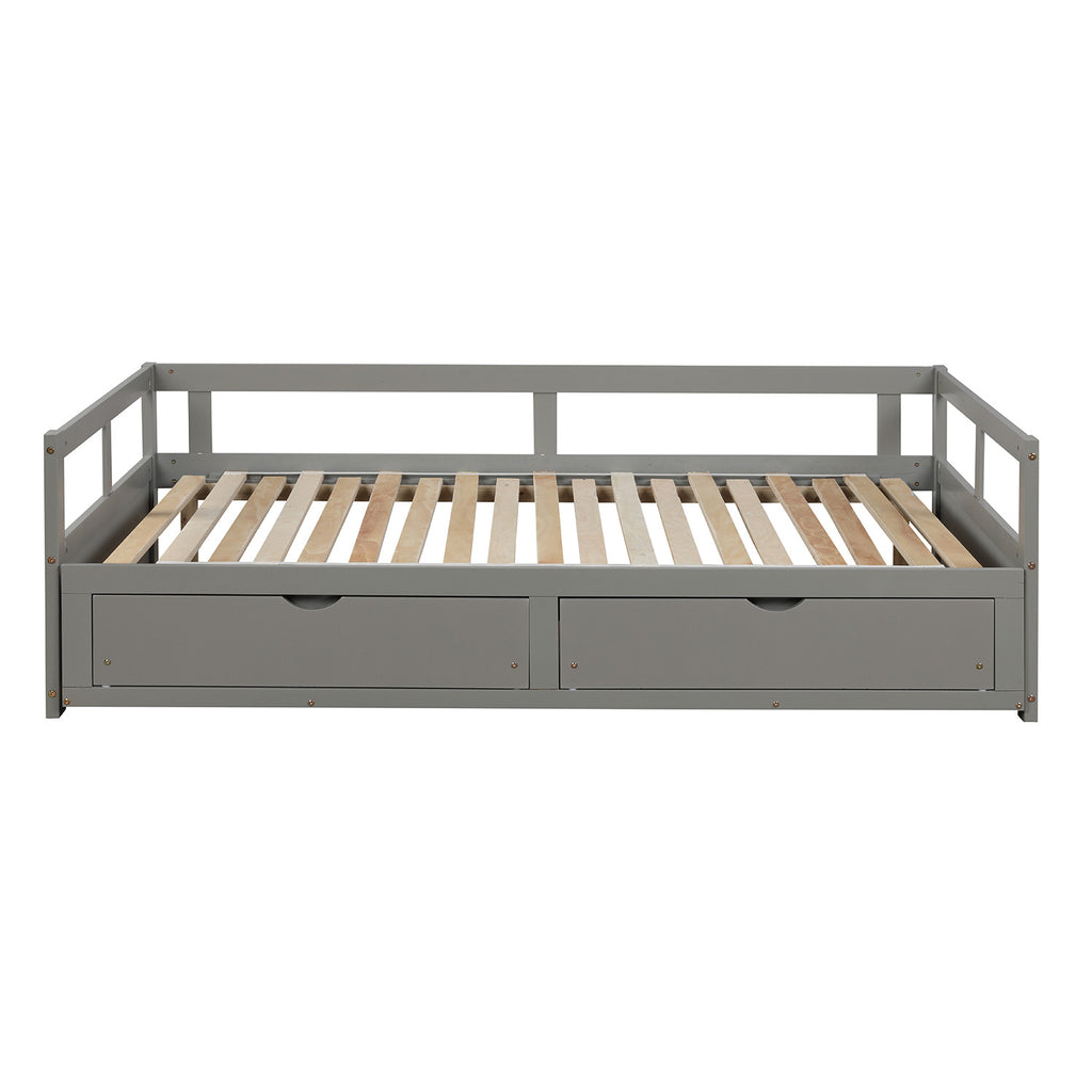 Wooden Daybed with Trundle Bed and Two Storage Drawers ,Extendable Bed Daybed,Sofa Bed for Bedroom Living Room, Gray