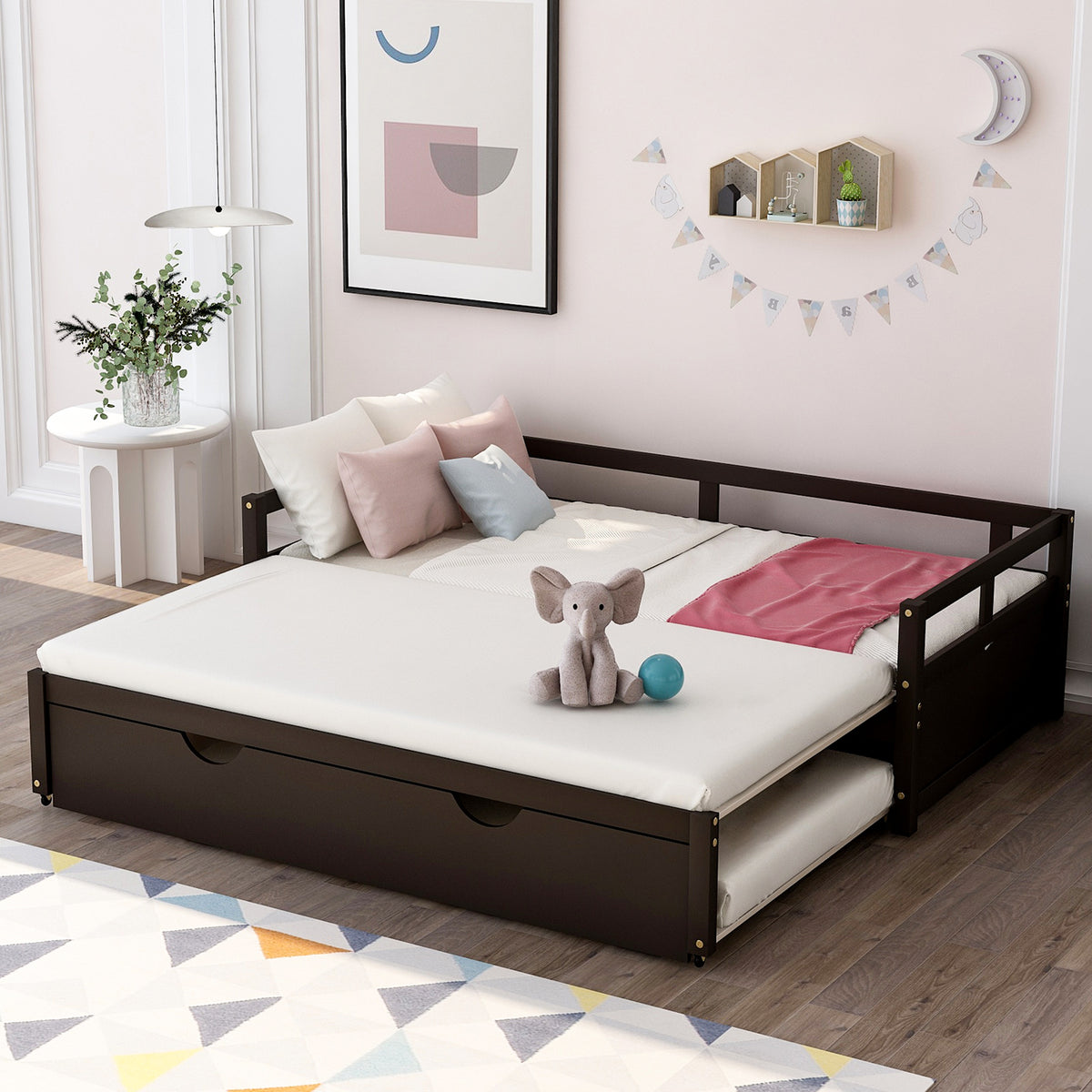 Extending Daybed with Trundle,Wooden Daybed with Trundle, Espresso
