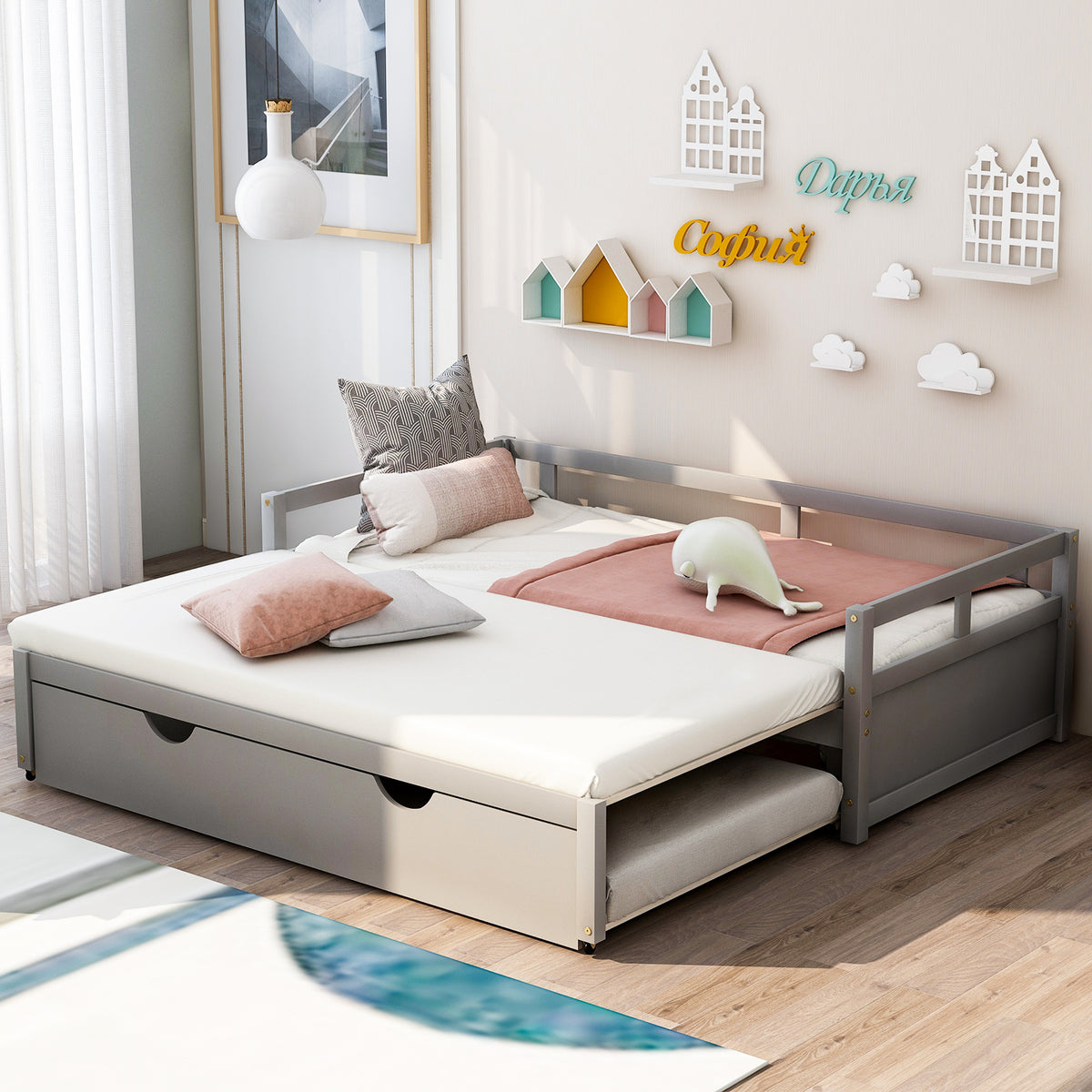Extending Daybed with Trundle,Wooden Daybed with Trundle, Gray