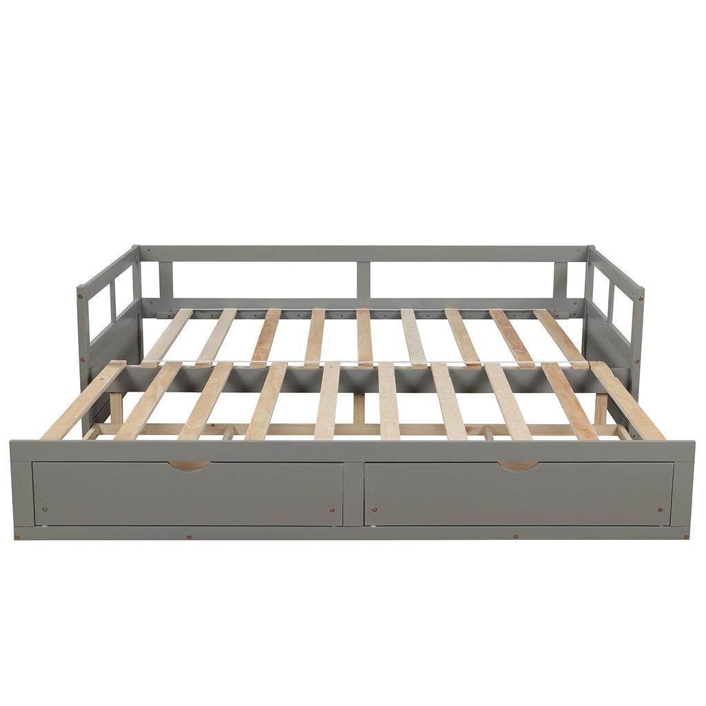 Wooden Daybed with Trundle Bed and Two Storage Drawers ,Extendable Bed Daybed,Sofa Bed for Bedroom Living Room, Gray