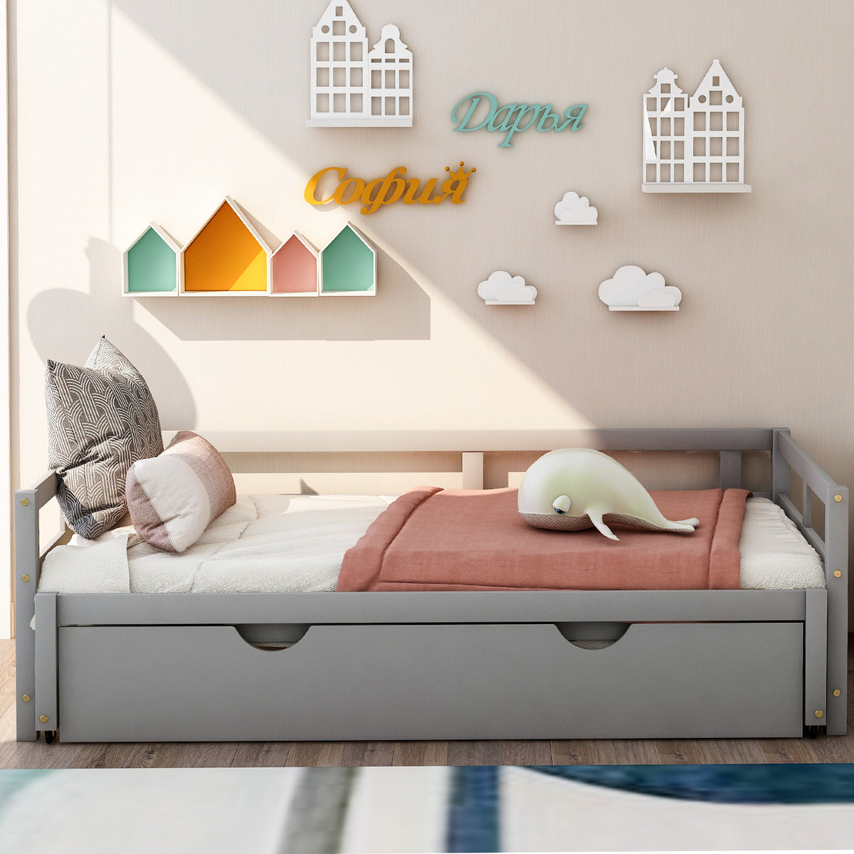 Extending Daybed with Trundle,Wooden Daybed with Trundle, Gray