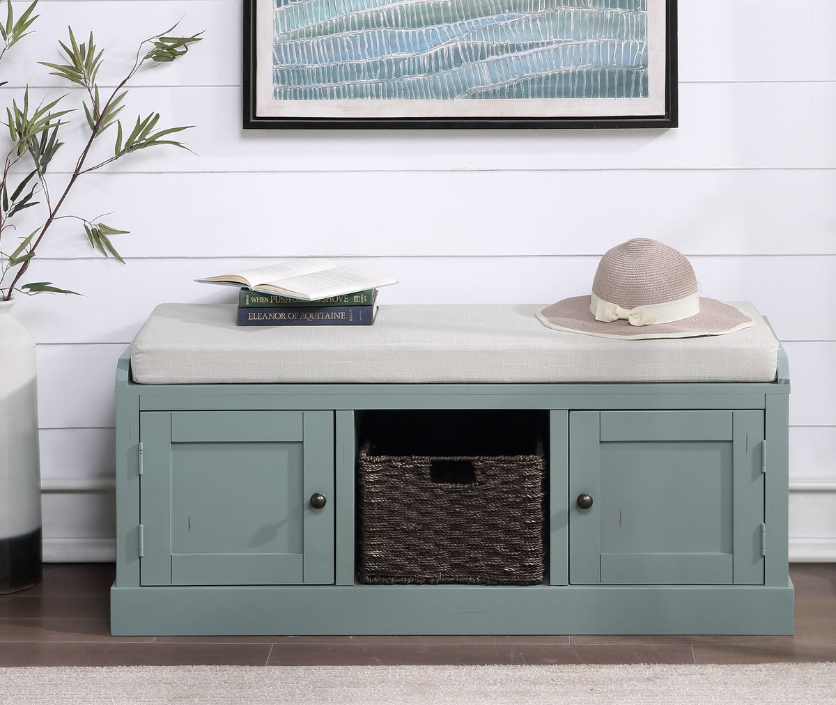 Homes Collection Wood Storage Bench with 2 Cabinets and 1 Basket