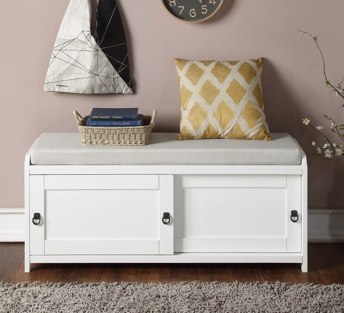 Homes Collection Wood Storage Bench with 2 Cabinets