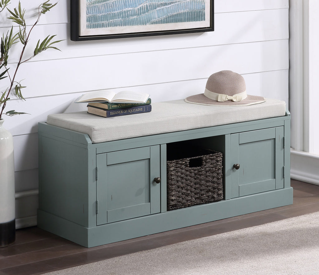 Homes Collection Wood Storage Bench with 2 Cabinets and 1 Basket