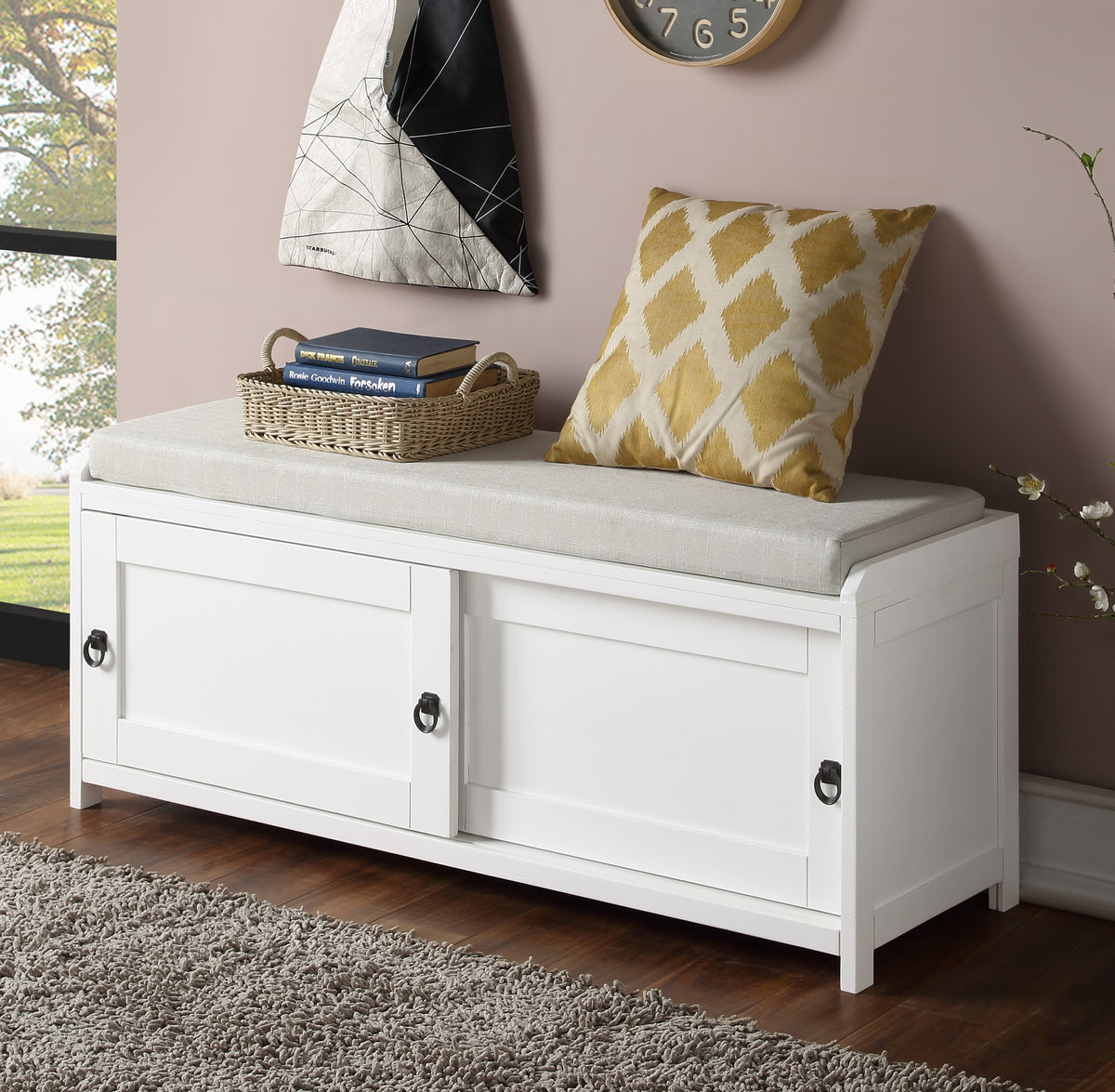 Homes Collection Wood Storage Bench with 2 Cabinets