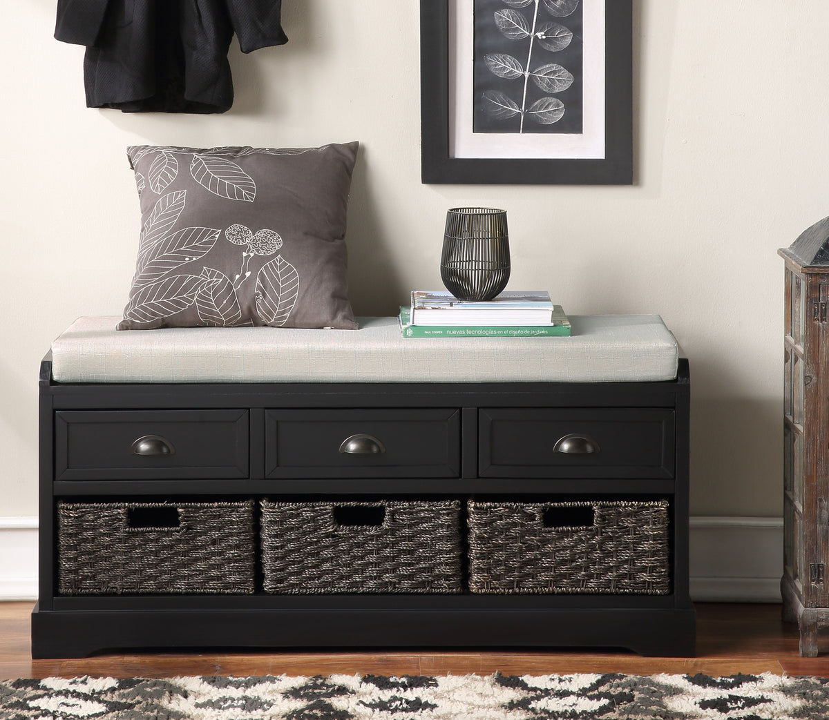 Homes Collection Wood Storage Bench with 3 Drawers and 3 Baskets