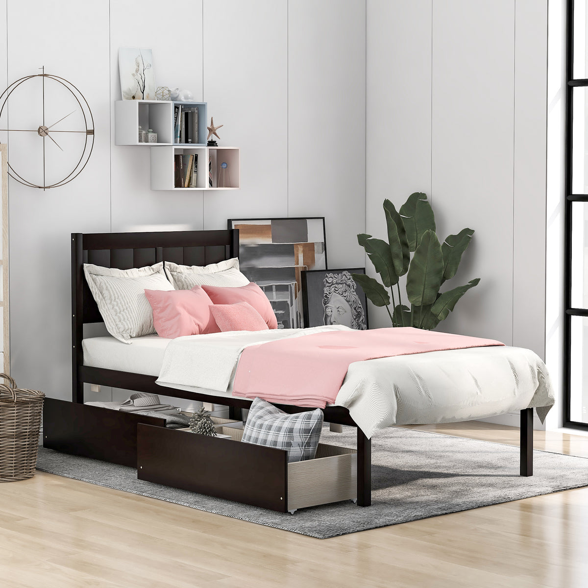 Twin size Platform Bed Wood Platform Bed with Two Drawers