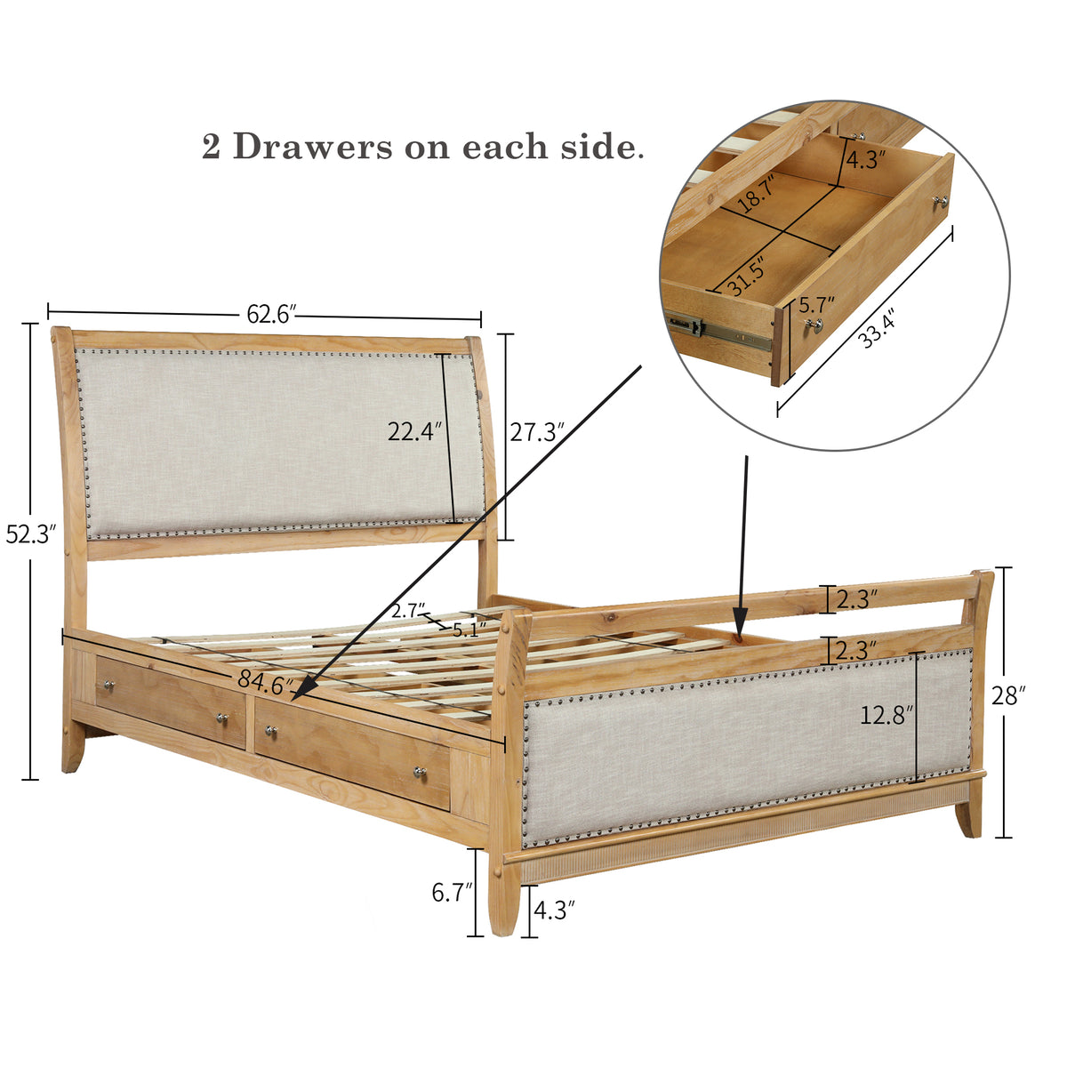 Hazel Upholstered and Wood Storage Queen Bed with 4 drawers