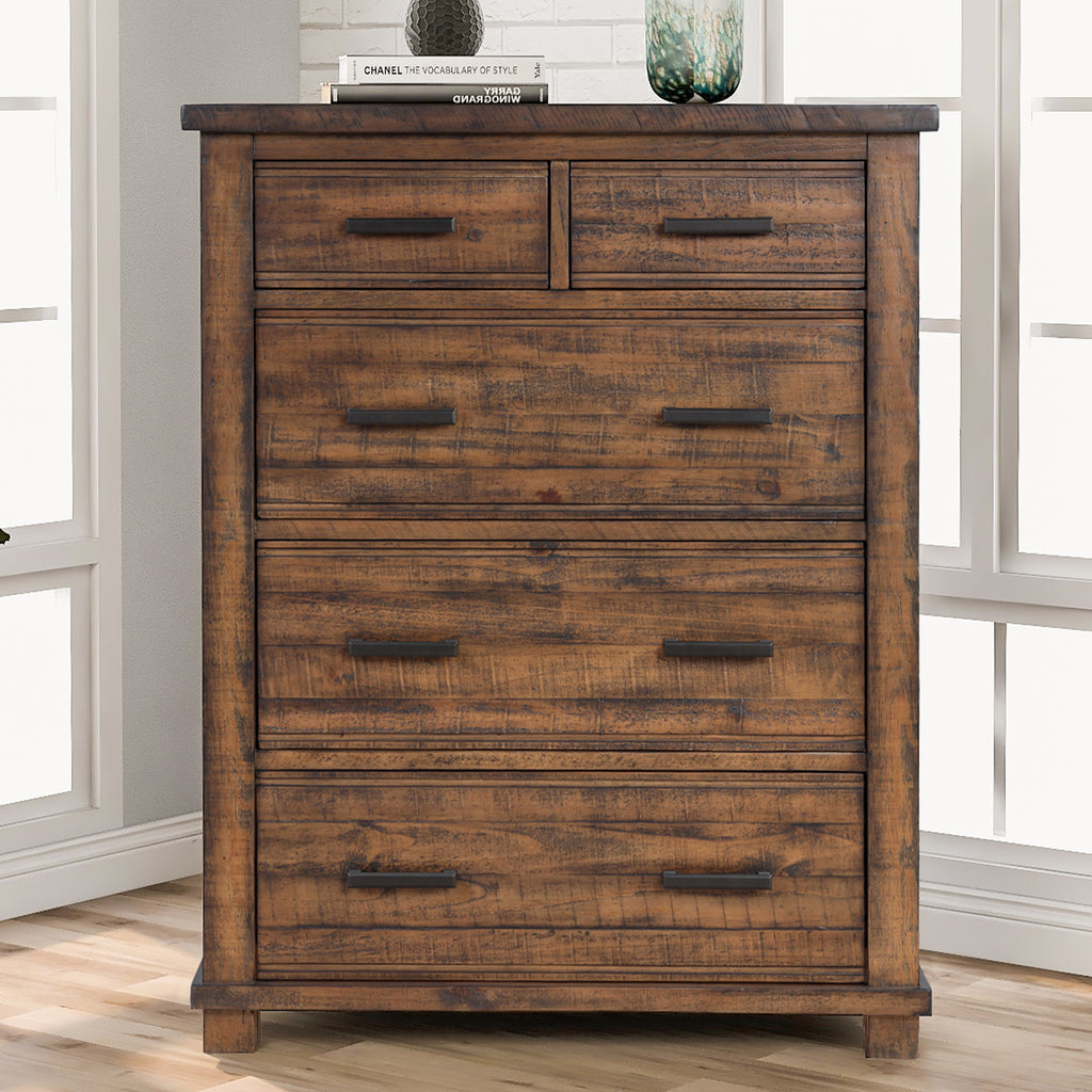 Rustic 5 Drawer Reclaimed Solid Wood Framhouse Chest Tallboy
