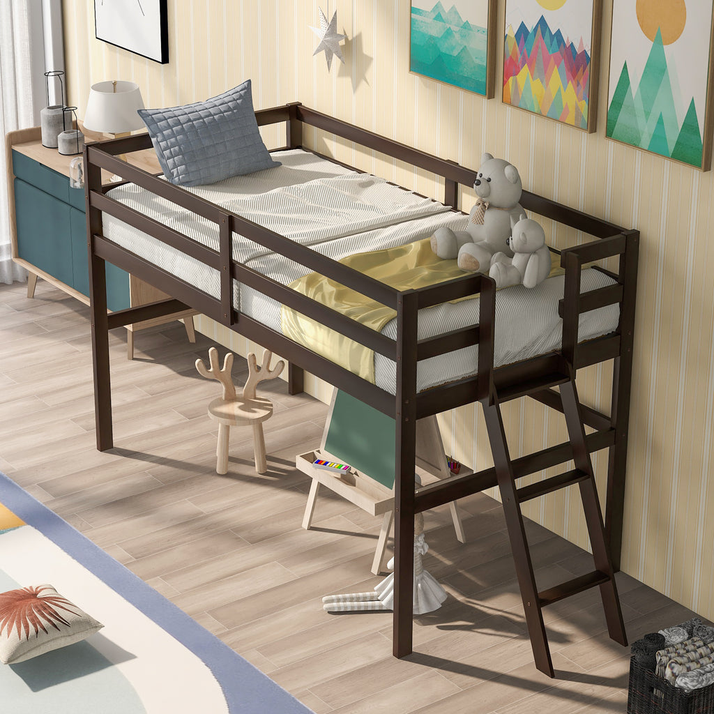 Wooden Twin Size Low Loft Bed with Ladder, Espresso(New)