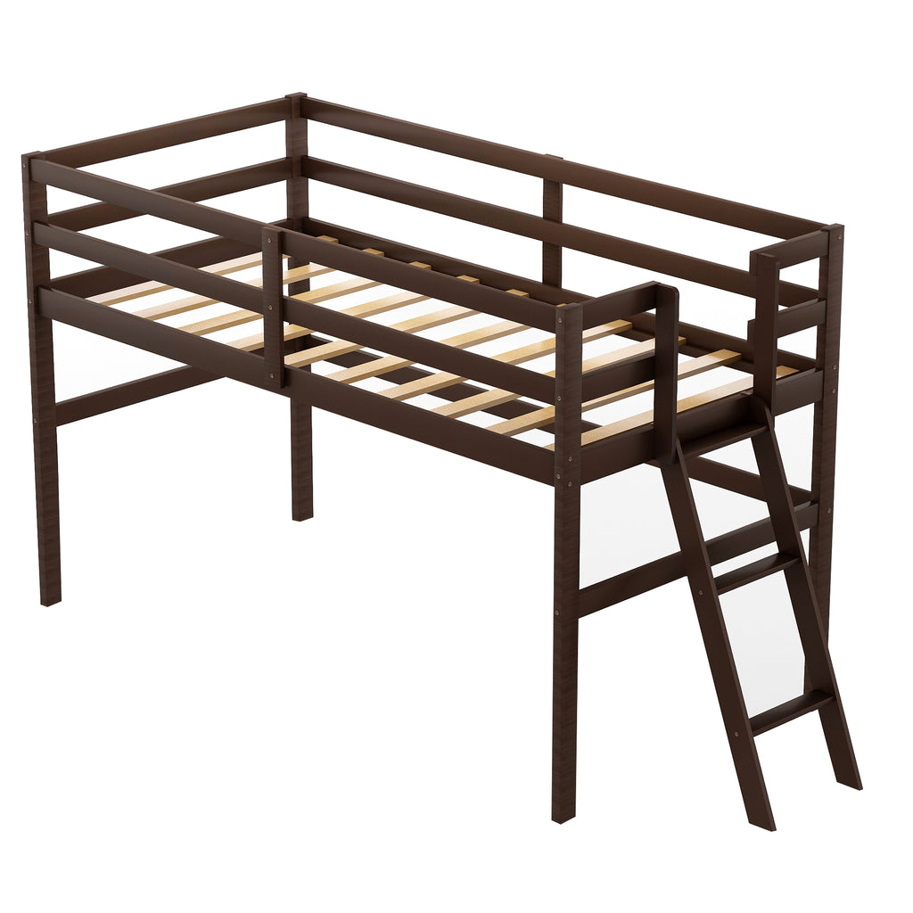 Wooden Twin Size Low Loft Bed with Ladder, Espresso(New)
