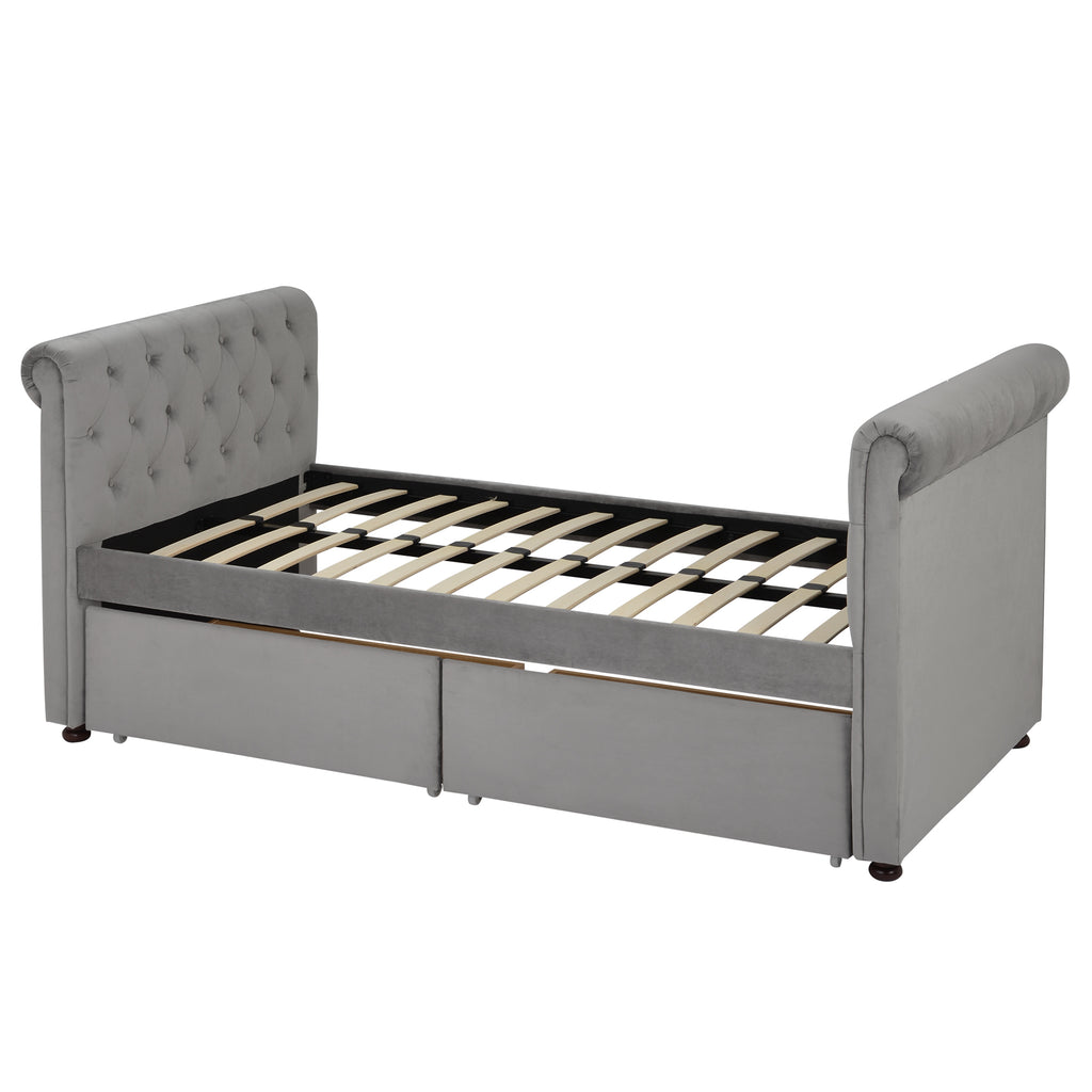 Twin Size Upholstered daybed with Two Drawers, Wood Slat Support, Gray