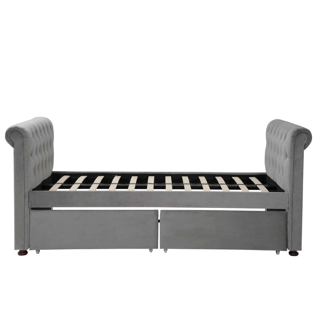 Twin Size Upholstered daybed with Two Drawers, Wood Slat Support, Gray