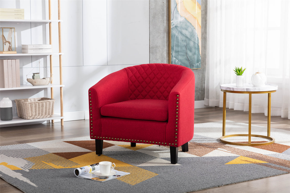 accent Barrel chair living room chair with nailheads and solid wood legs Red  Linen