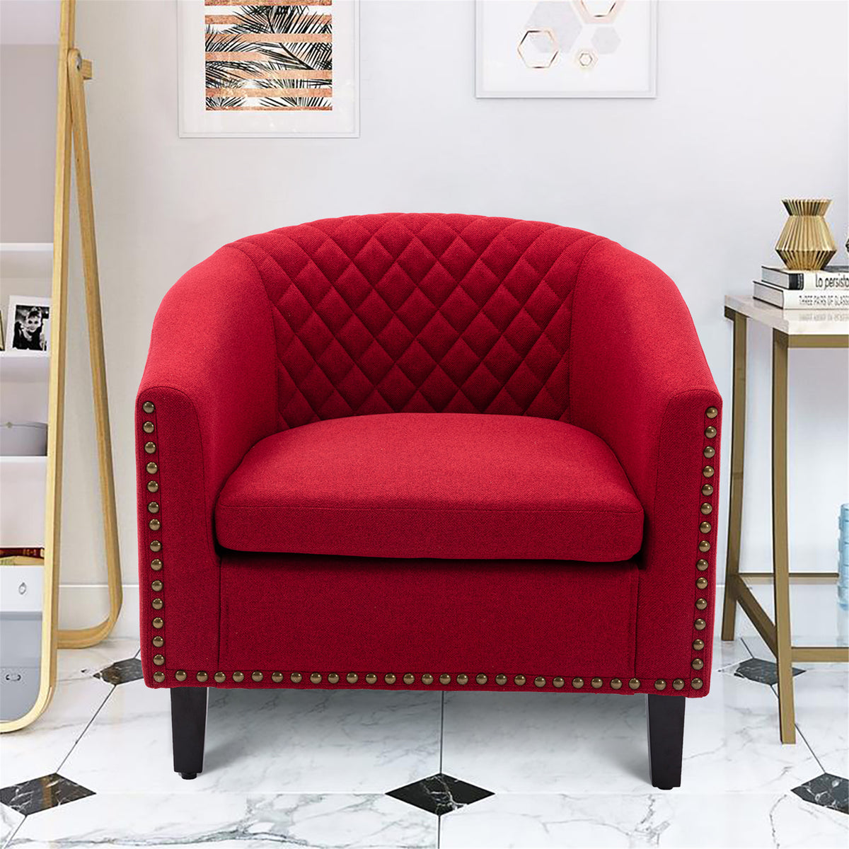 accent Barrel chair living room chair with nailheads and solid wood legs Red  Linen