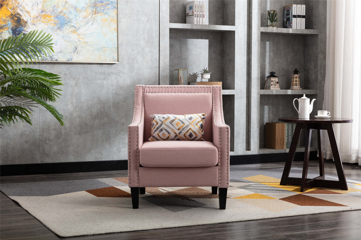 accent armchair living room chair  with nailheads and solid wood legs  Pink  Linen