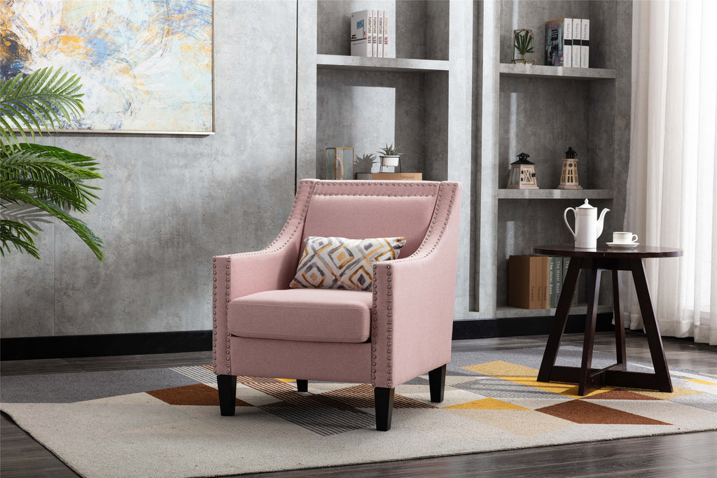accent armchair living room chair  with nailheads and solid wood legs  Pink  Linen