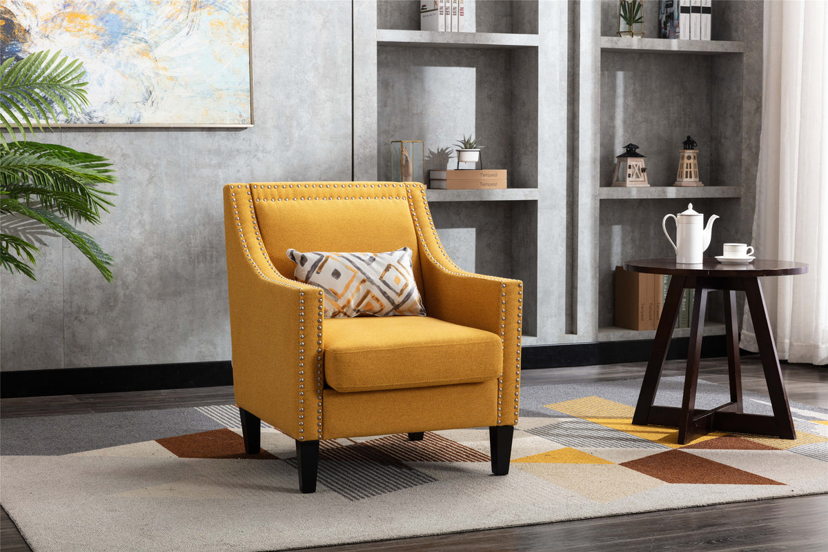 accent armchair living room chair  with nailheads and solid wood legs  Yellow  Linen
