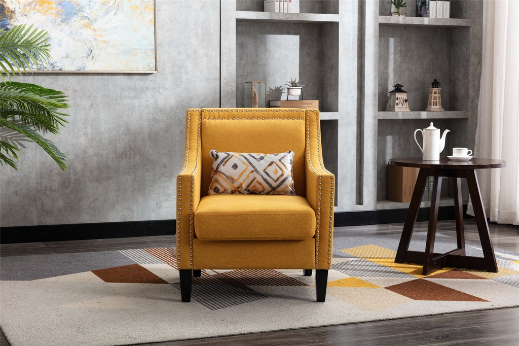 accent armchair living room chair  with nailheads and solid wood legs  Yellow  Linen