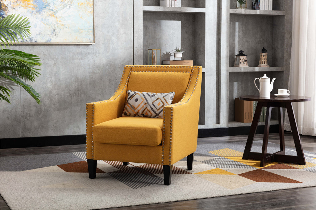accent armchair living room chair  with nailheads and solid wood legs  Yellow  Linen