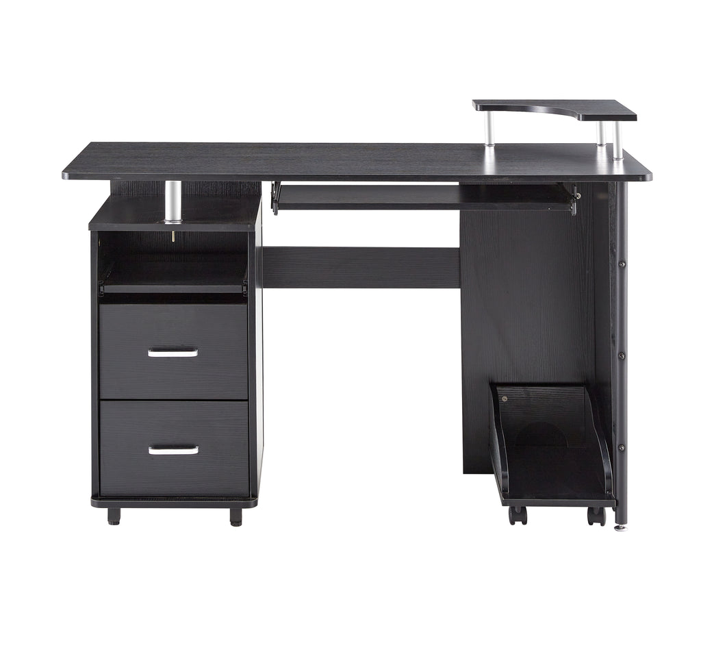 DN solid wood computer Desk,office table with PC droller, storage shelves and file cabinet , two drawers, CPU tray,a shelf  used for planting, single , black