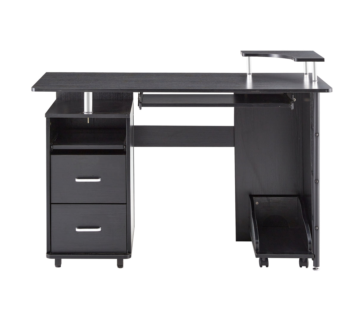 DN solid wood computer Desk,office table with PC droller, storage shelves and file cabinet , two drawers, CPU tray,a shelf  used for planting, single , black