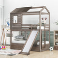 Twin Over Twin Bunk Bed with Two Storage Drawers and Slide, House-Shaped Wood Bunk Bed for Kids  Teens, Antique Gray