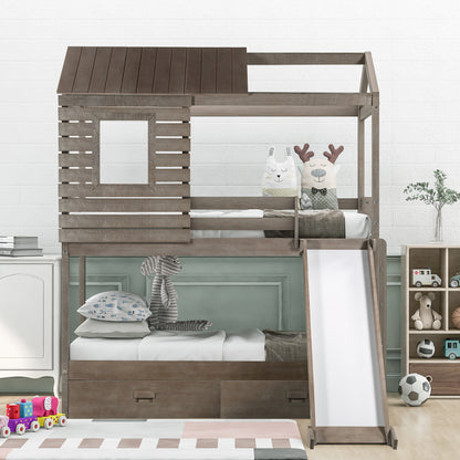 Twin Over Twin Bunk Bed with Two Storage Drawers and Slide, House-Shaped Wood Bunk Bed for Kids  Teens, Antique Gray