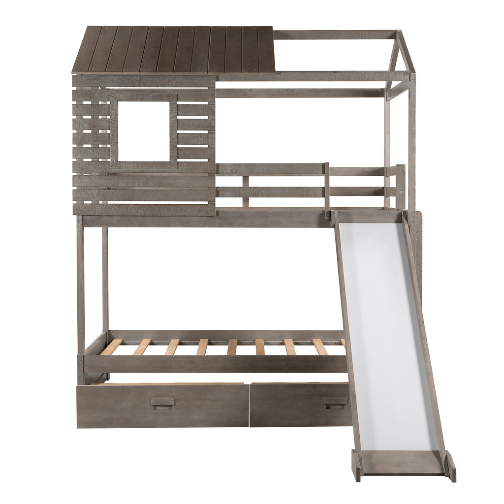 Twin Over Twin Bunk Bed with Two Storage Drawers and Slide, House-Shaped Wood Bunk Bed for Kids  Teens, Antique Gray