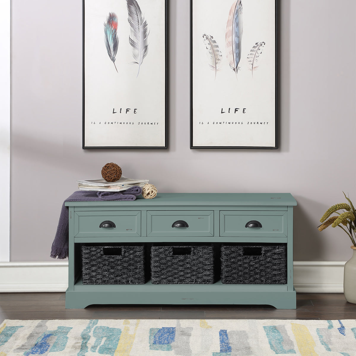 Homes Collection  Wood Storage Bench with 3  Drawers and 3 Woven Baskets
