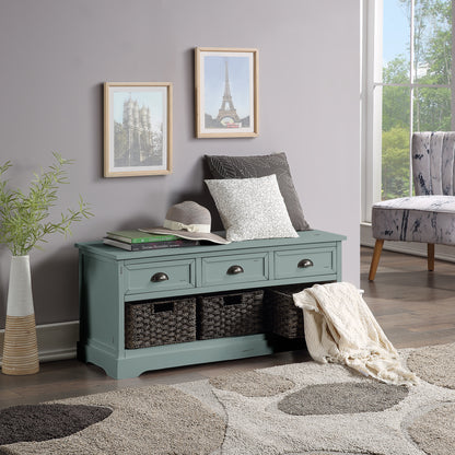 Homes Collection  Wood Storage Bench with 3  Drawers and 3 Woven Baskets