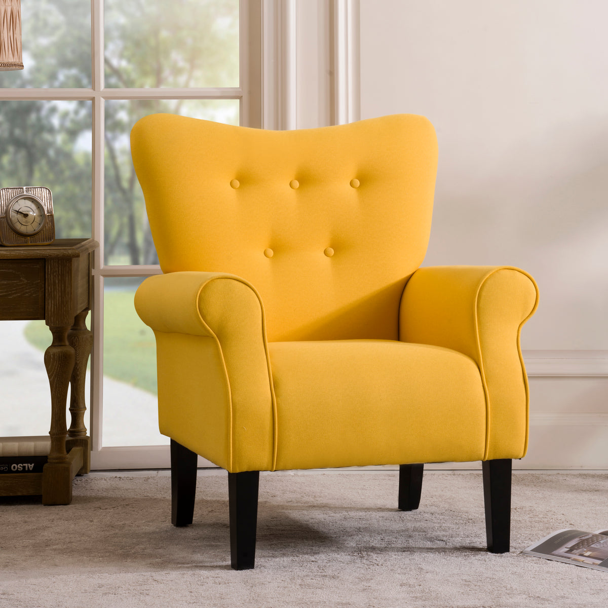 Modern Wing Back Accent Chair Roll Arm Living Room Cushion with Wooden Legs,Yellow