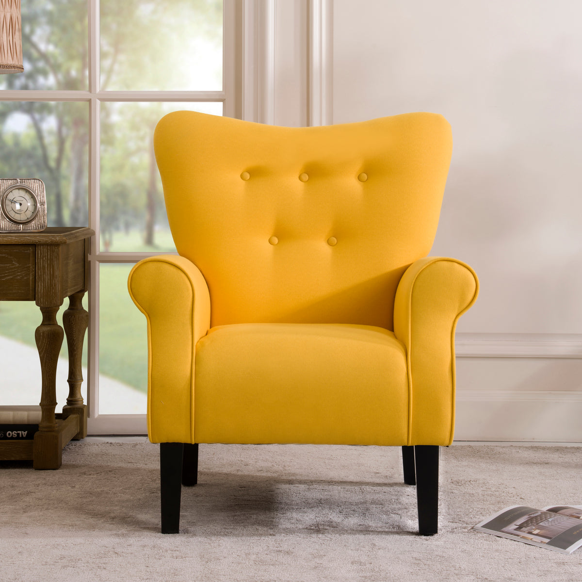 Modern Wing Back Accent Chair Roll Arm Living Room Cushion with Wooden Legs,Yellow