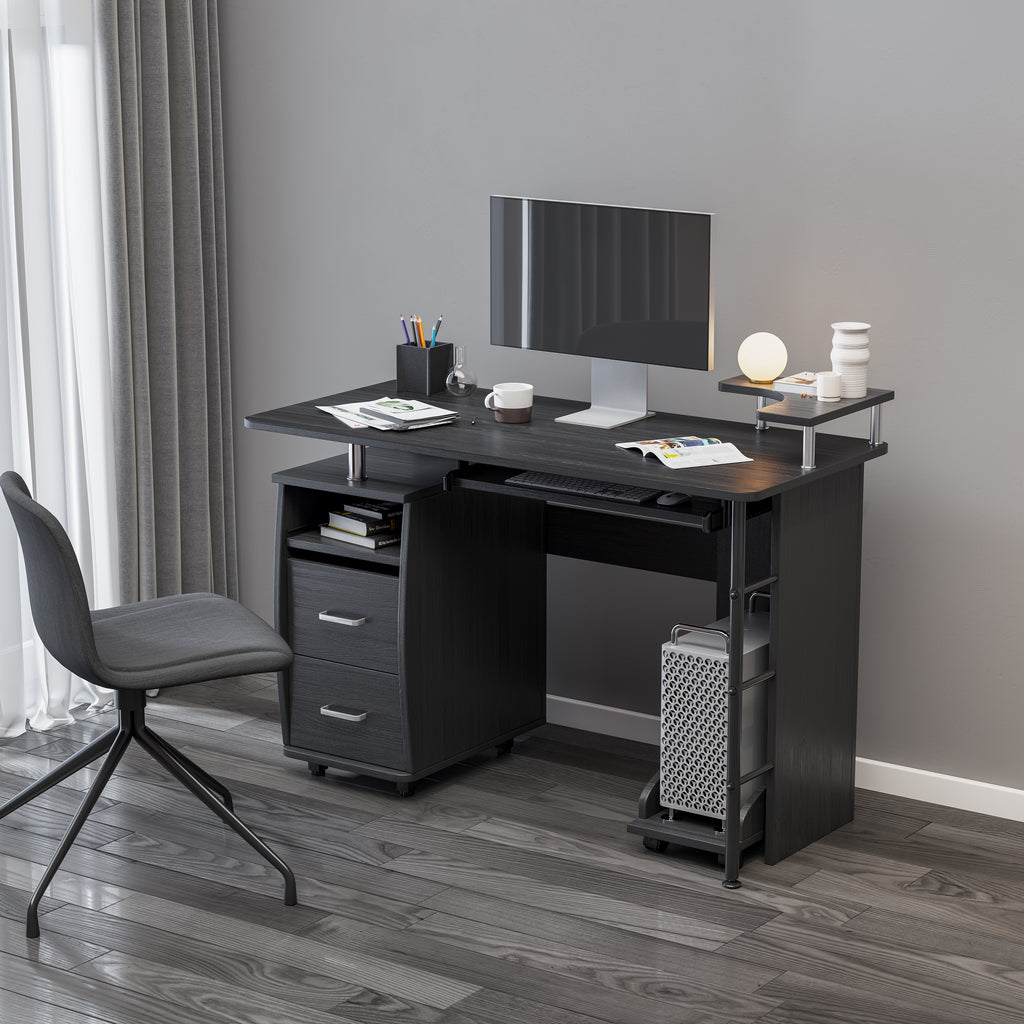 DN solid wood computer Desk,office table with PC droller, storage shelves and file cabinet , two drawers, CPU tray,a shelf  used for planting, single , black