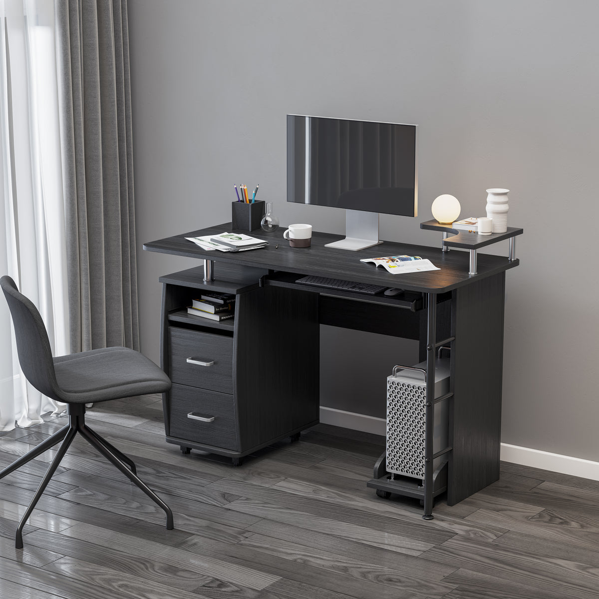 DN solid wood computer Desk,office table with PC droller, storage shelves and file cabinet , two drawers, CPU tray,a shelf  used for planting, single , black