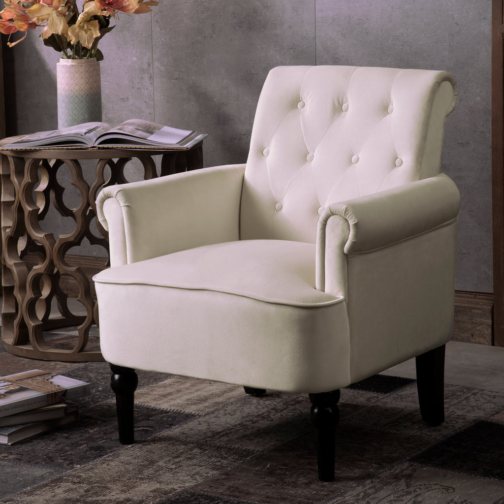 Elegant Button Tufted Club Chair Accent Armchairs Roll Arm Living Room Cushion with Wooden Legs, Off White