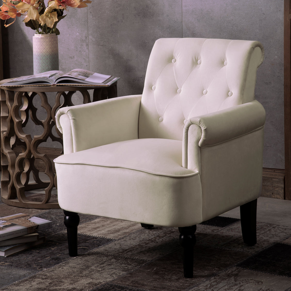 Elegant Button Tufted Club Chair Accent Armchairs Roll Arm Living Room Cushion with Wooden Legs, Off White