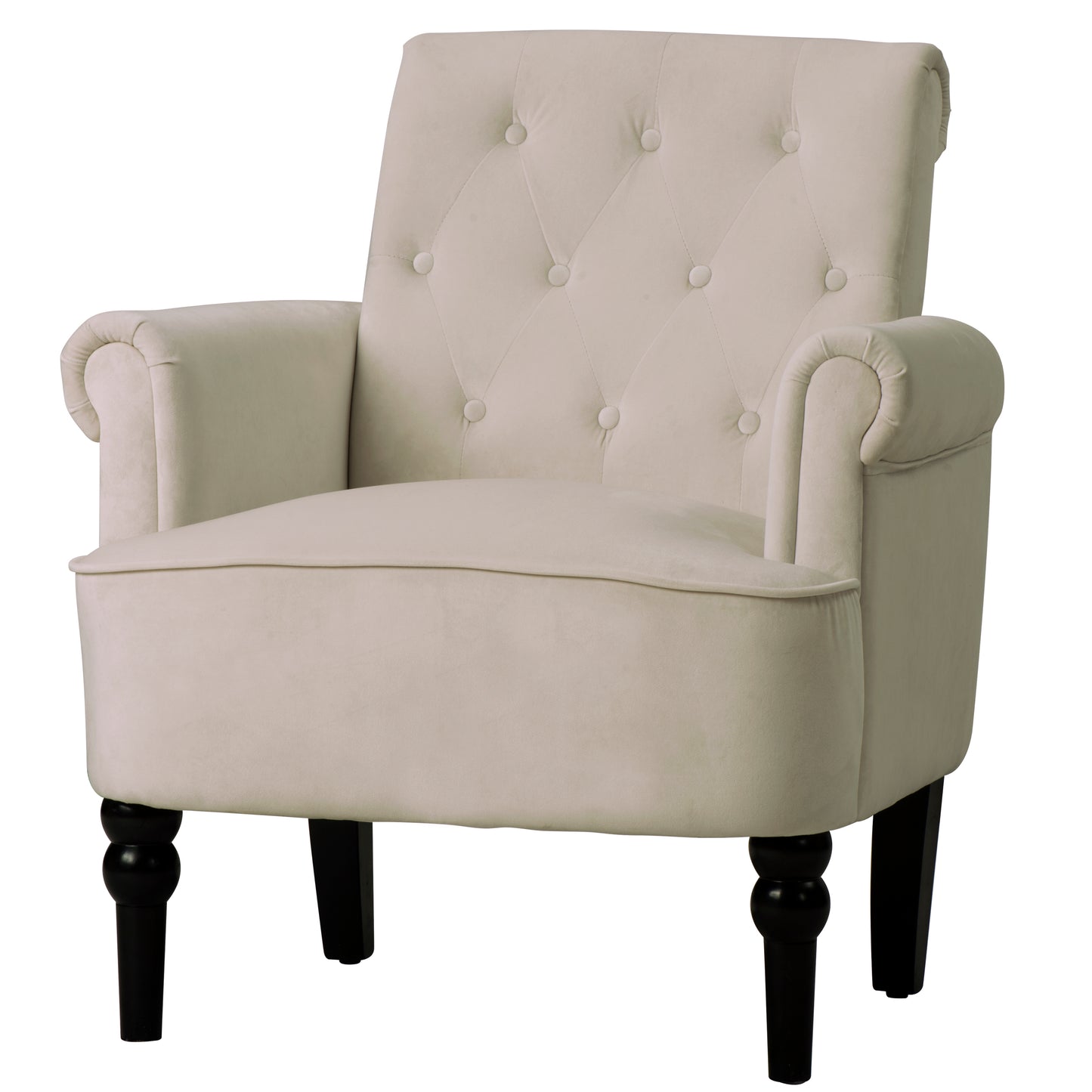 Elegant Button Tufted Club Chair Accent Armchairs Roll Arm Living Room Cushion with Wooden Legs, Off White