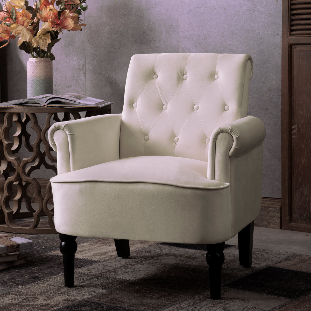 Elegant Button Tufted Club Chair Accent Armchairs Roll Arm Living Room Cushion with Wooden Legs, Off White