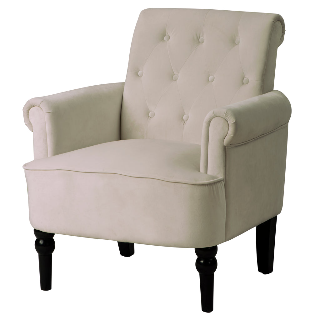 Elegant Button Tufted Club Chair Accent Armchairs Roll Arm Living Room Cushion with Wooden Legs, Off White