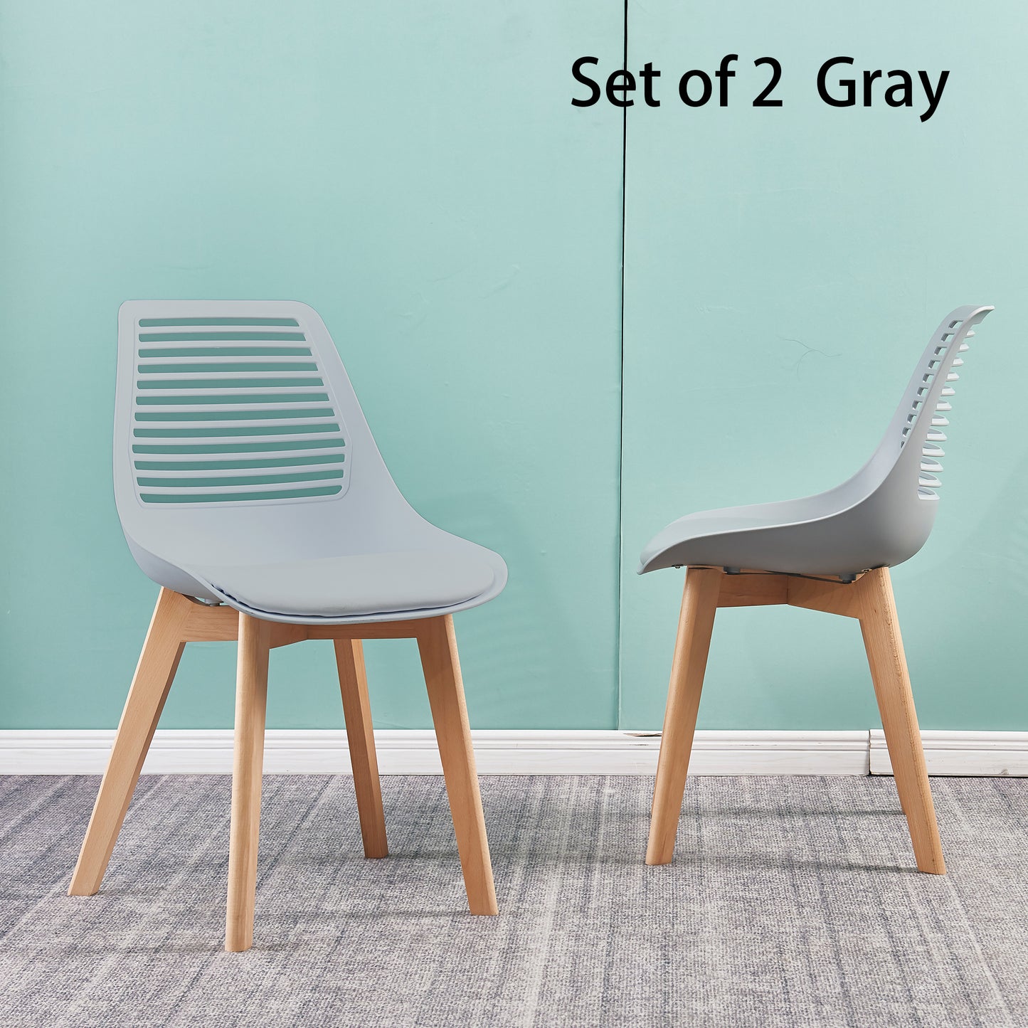 Plastic chair for living room, dining chair with wood leg（set of 2 Gray color）